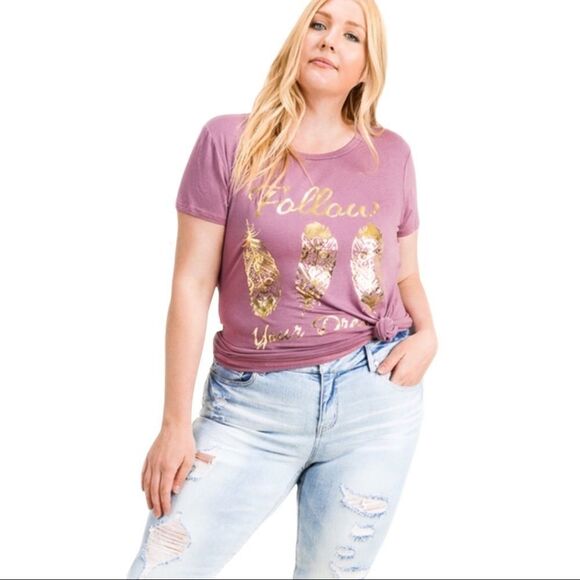 Wild Time Fashion Tops - Dusty Rose Gold Graphic Feathers “Follow Your Dreams” Short Sleeve Top Tee NEW